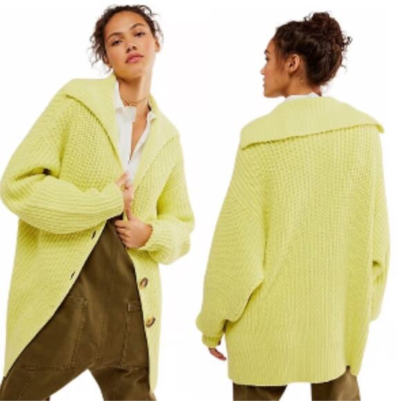 Free People Swim Too Deep Cardi Neon Yellow Kinit Cardigan Sweater Oversize XS